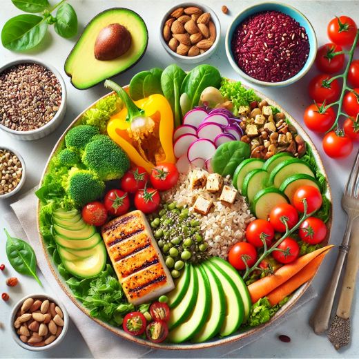 ein großer Teller mit verschiedenen bunten gesunden Lebensmittel