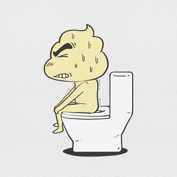 eine Karikatur von einem Kackhaufen mit Körper sitzend auf der Kloschüssel und zusammengekniffenem Gesichtsausdruck